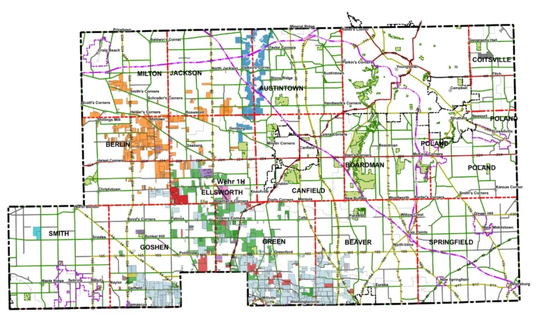Map of Mahoning County, Ohio oil and gas leased parcels recorded 2024 through October 23, 2026, colored by lessee company
