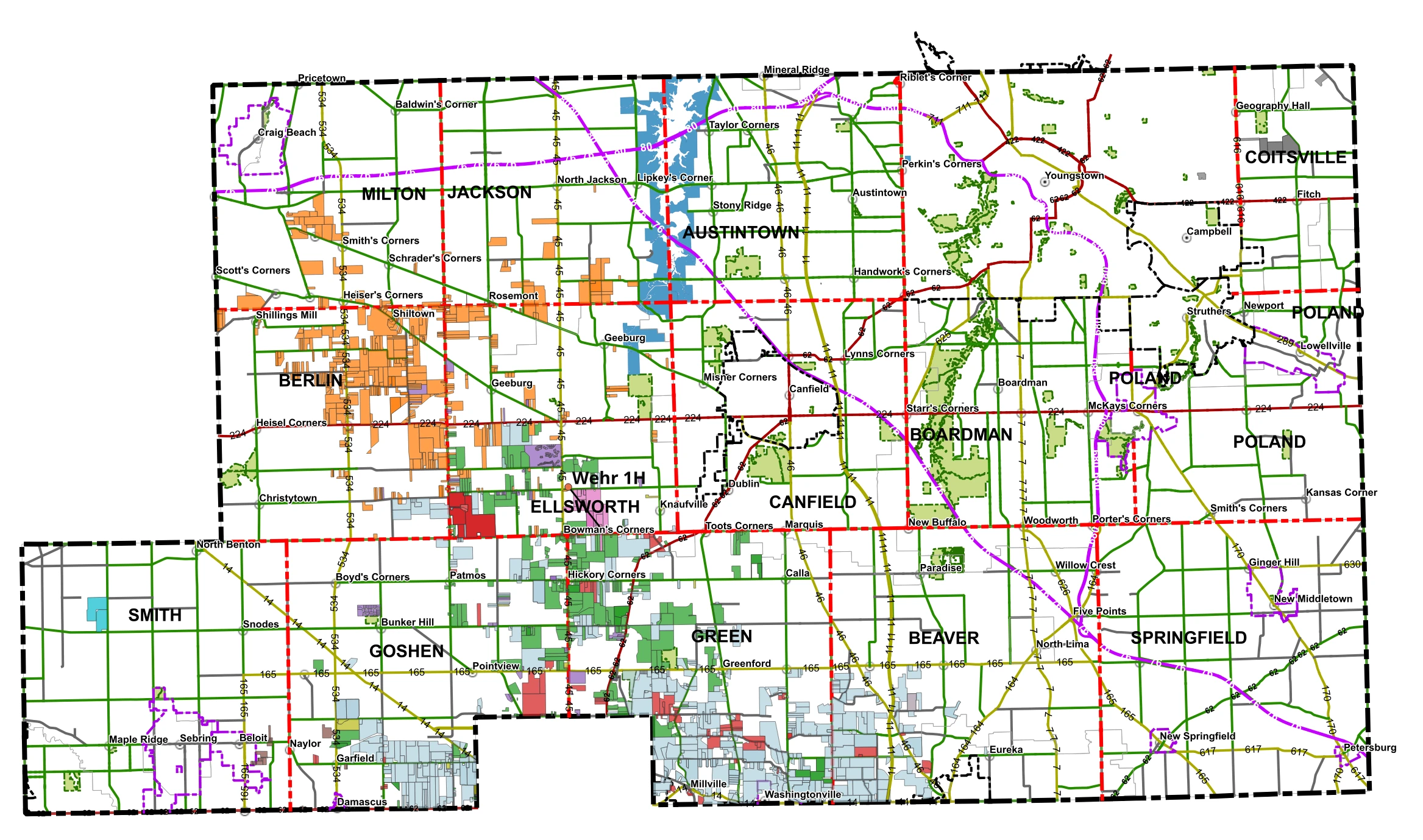 Map of Mahoning County, Ohio oil and gas leased parcels recorded 2024 through October 23, 2026, colored by lessee company