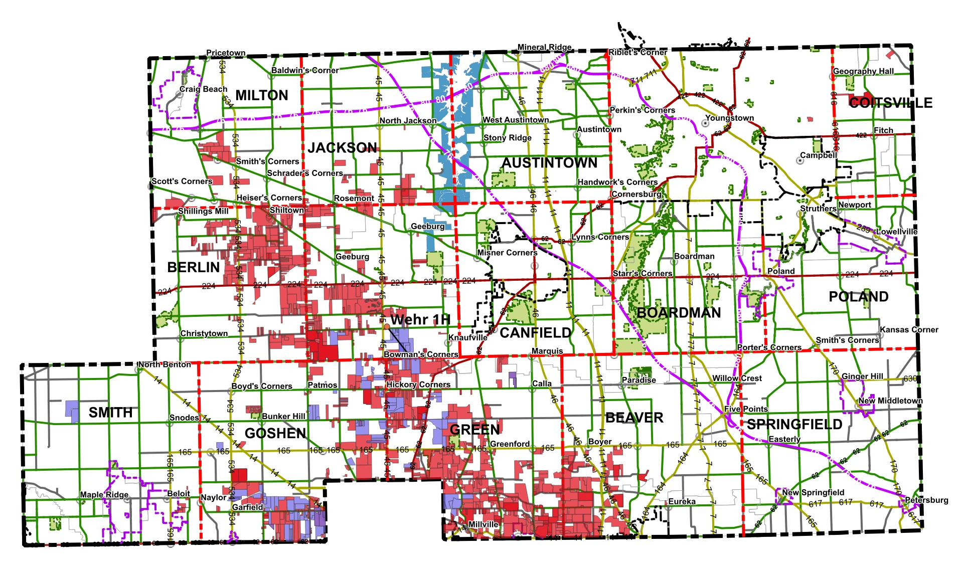 Map of Mahoning County, Ohio oil and gas leased parcels recorded 2024 through October 23, 2026, colored by year recorded